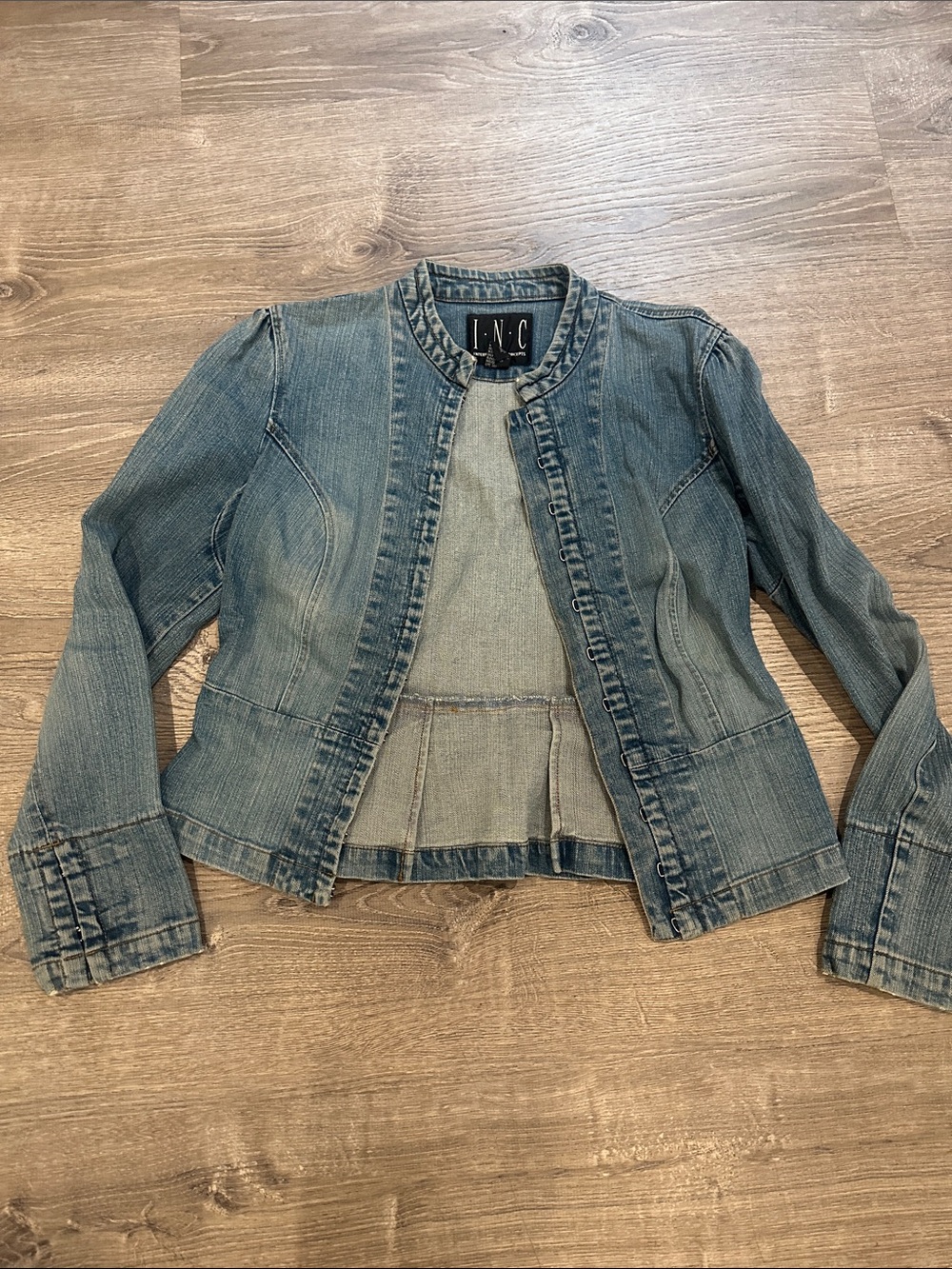 INC International Concepts Faded Blue Collarless Denim Jacket